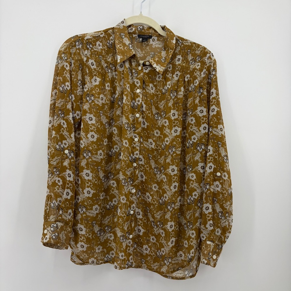 Ann Taylor Womens Small Mustard Floral Button Up Blouse Smocked Roll Tab Sleeve